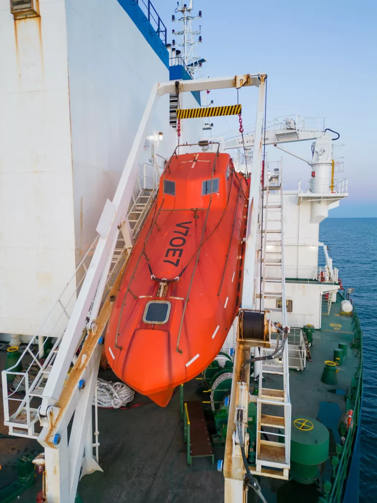 Rescue boat on a large general cargo ship tanker bulk carrier