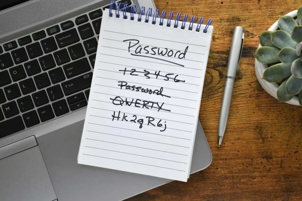 Password list on notebook laying on keyboard of laptop computer on desk. Security strong password